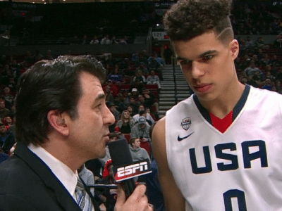 ESPN's Paul Biancardi interviewing a Team USA basketball player
